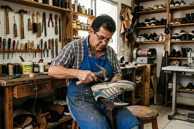 Sapateiro realizando reparo em um tênis em Balneário Camboriú.