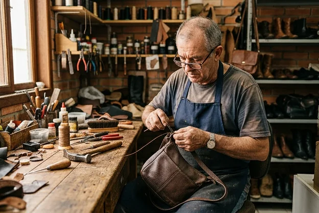 Profissional reformando uma bolsa de couro em Balneário Camboriú.
